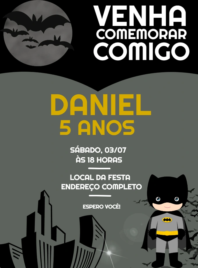 Convite de Aniversário Batman com Herói para Editar Online