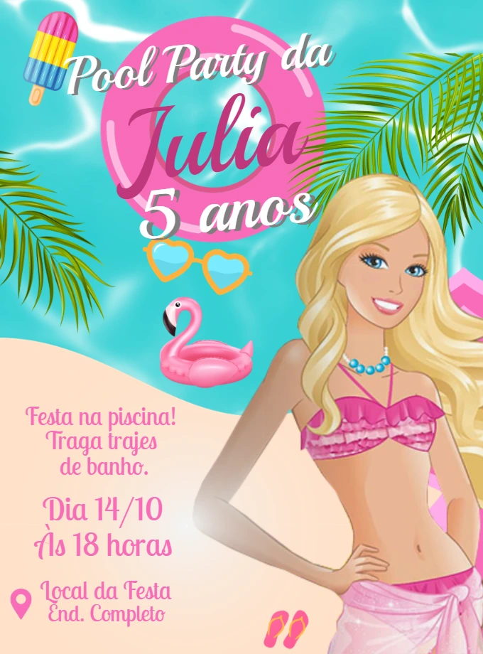 Convite Aniversário Barbie Pool Party para Editar Online