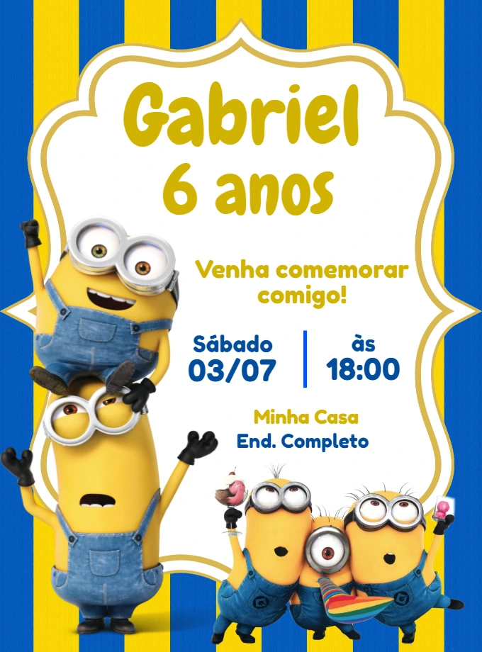 Convite de Aniversário Minions Editável Online para Imprimir