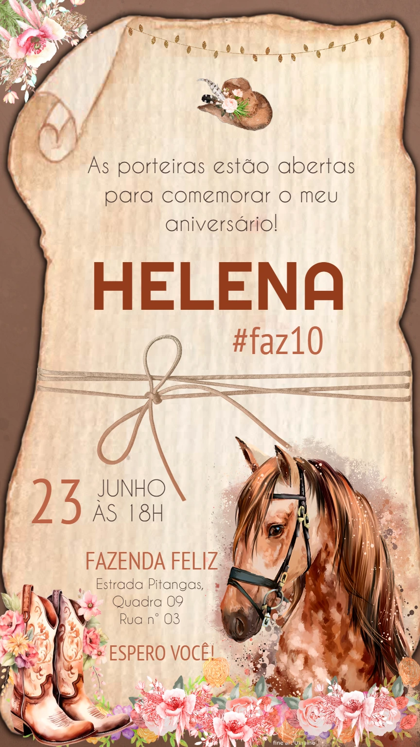Convite de Aniversário Fazenda com Cavalo Editável Online