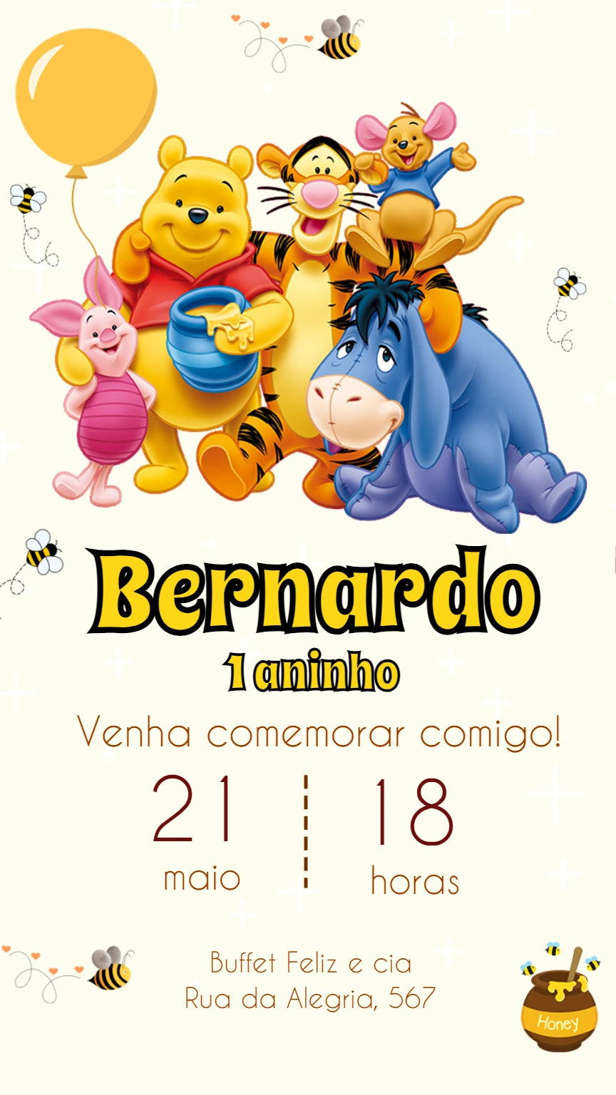 Convite de Aniversário Ursinho Pooh e Turma para Editar Online