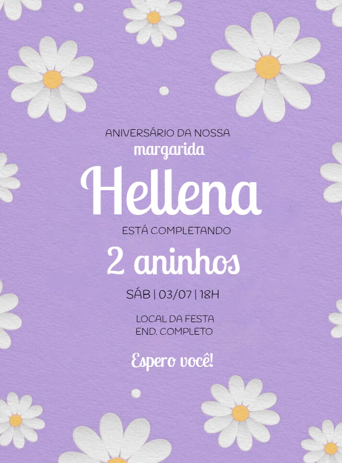 Convite Aniversário Tema Margarida Lilás para Editar Online