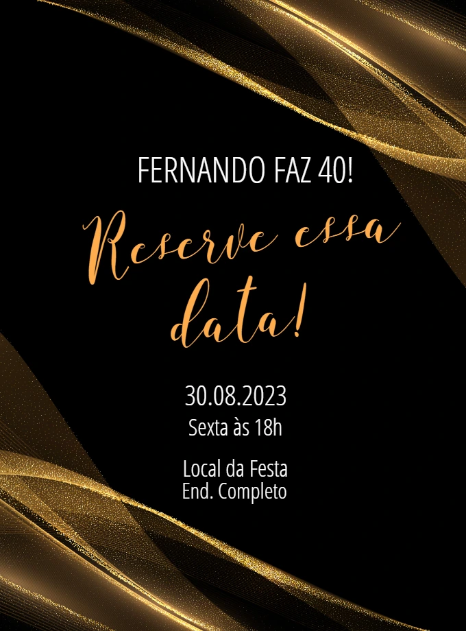 Convite de Aniversário Elegante Preto e Dourado para Editar