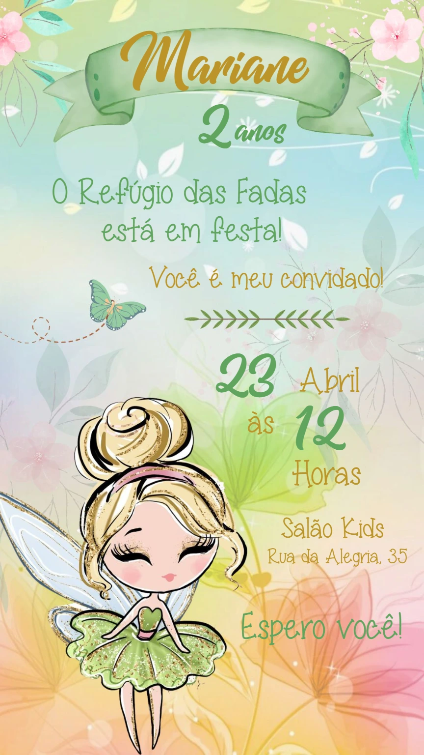 Convite de Aniversário Tema Fada Sininho Editável Online