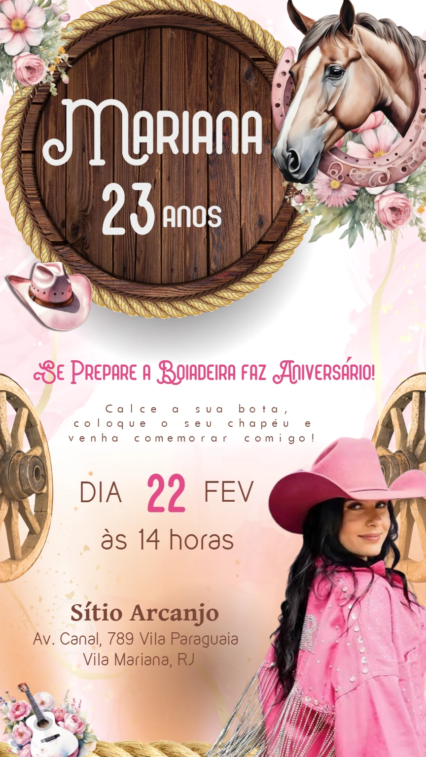 Convite de Aniversário Boiadeira Country para Editar Online