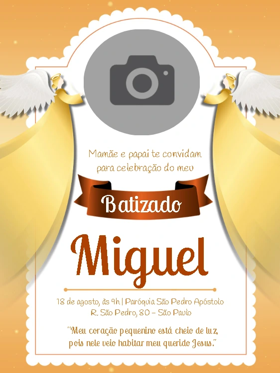 Convite de Batizado com Foto e Anjos para Editar Online