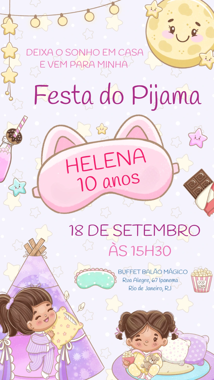 Convite Aniversário Festa do Pijama Menina para Editar Online