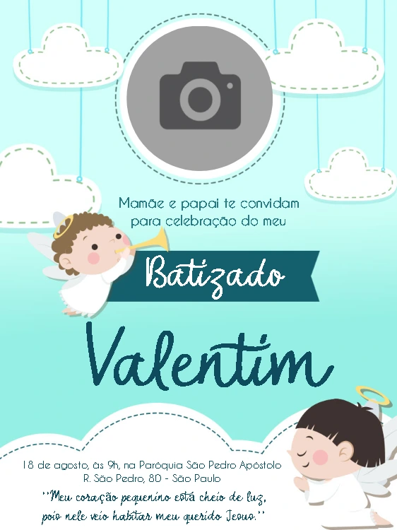 Convite de Batizado com Foto de Anjinho para Editar Online