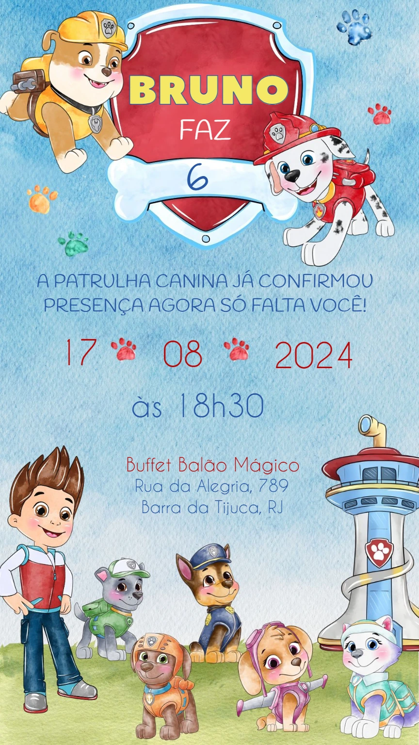 Convite Aniversário Patrulha Canina com Personagens para Editar