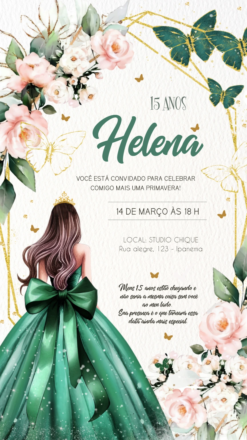 Convite 15 Anos Princesa de Verde e Borboletas para Editar