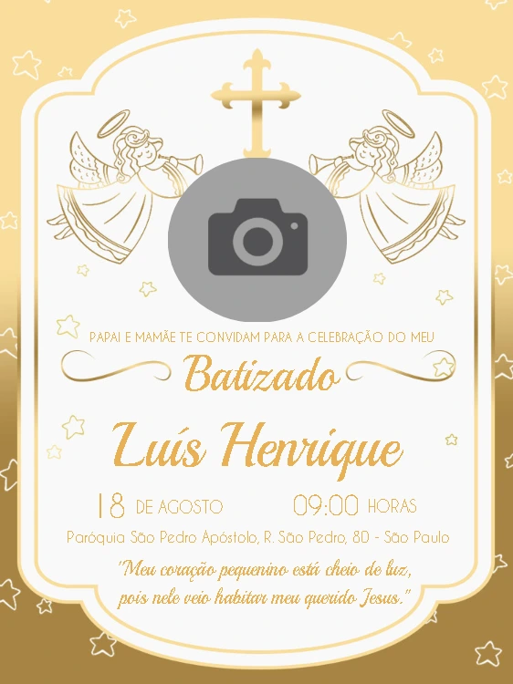 Convite de Batizado com Foto Dourado para Editar Online