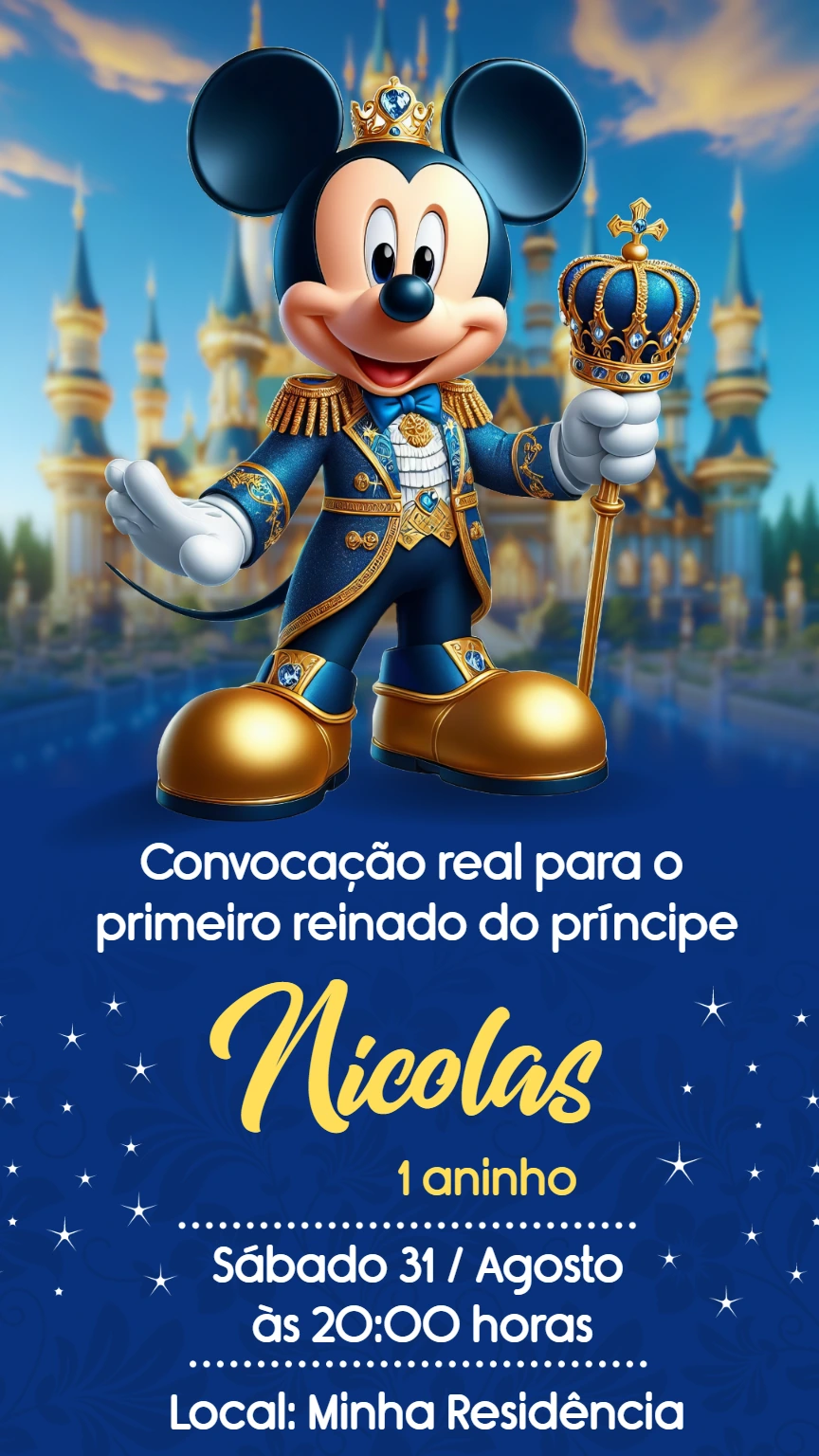 Convite Aniversário Mickey Realeza para Editar Online