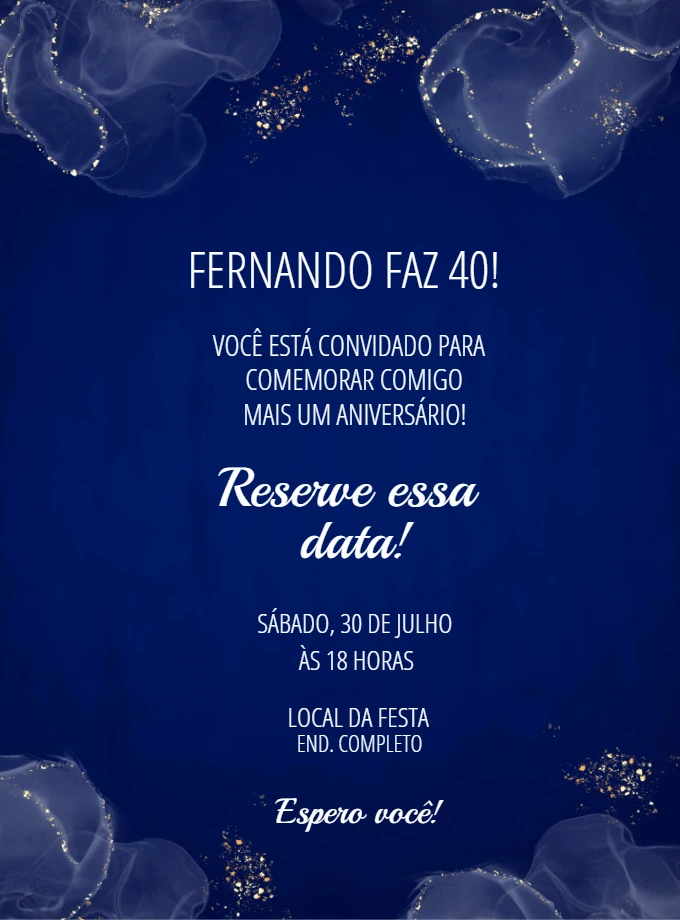 Convite de Aniversário Masculino Azul e Dourado para Editar Online