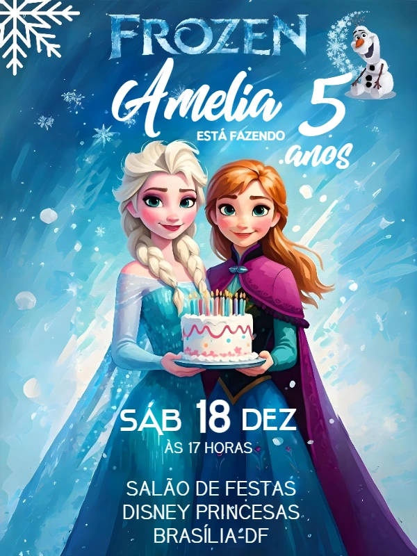 Convite Aniversário Frozen com Elsa e Anna para Editar Online