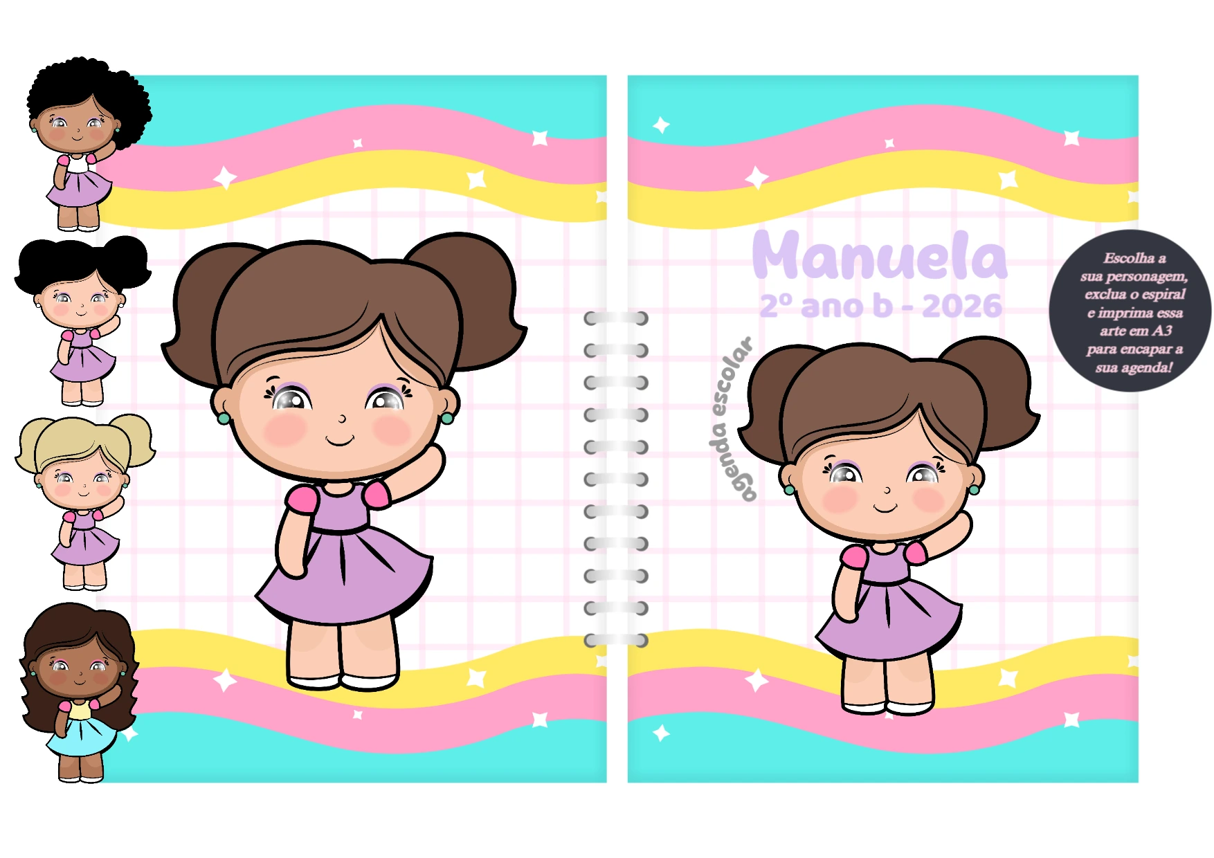 Capa de Agenda Escolar Menina com Personagens para Editar Online