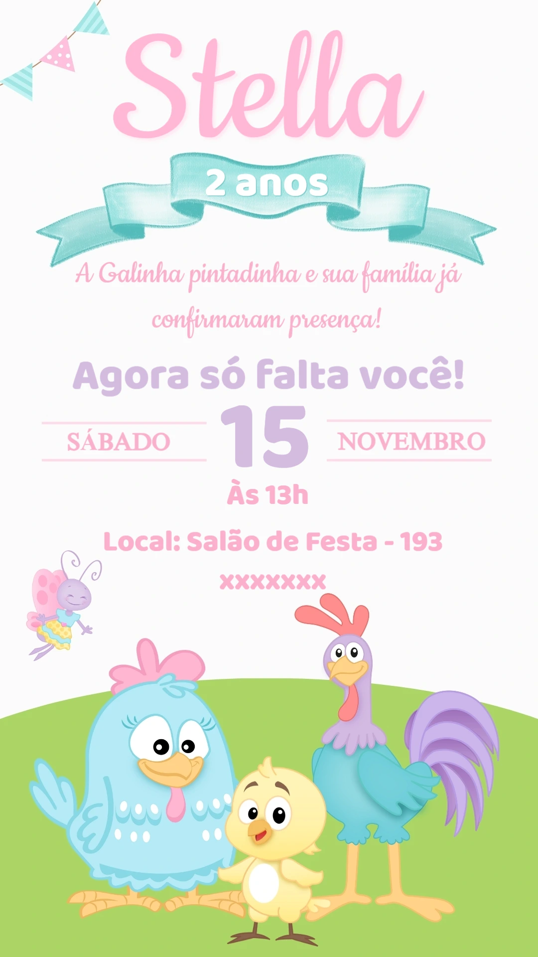 Convite de Aniversário Galinha Pintadinha Rosa Editável