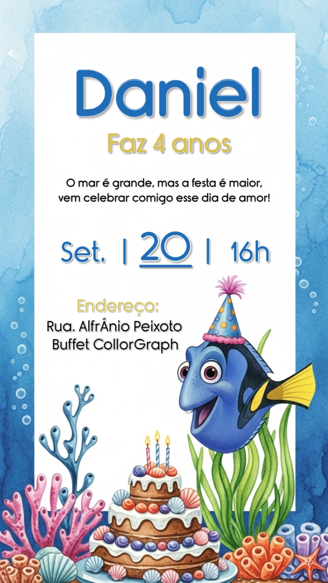 Convite de Aniversário Procurando Dory e Nemo para Editar
