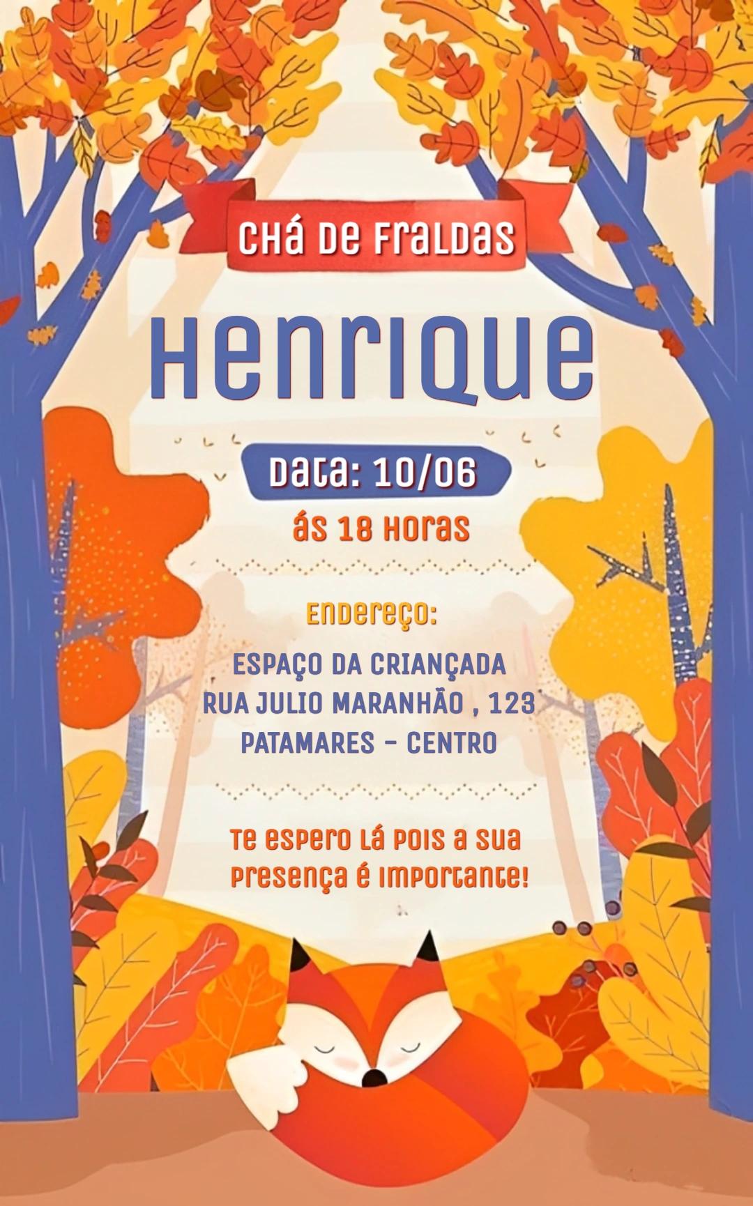 Convite Chá de Fraldas Raposa no Bosque para Editar Online