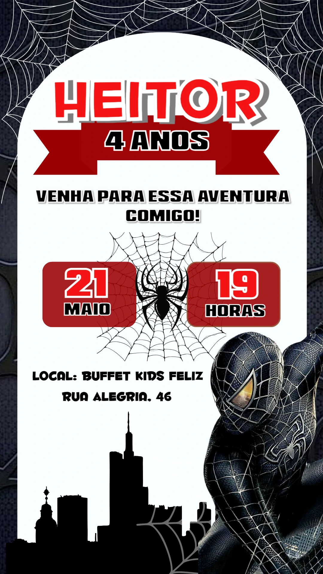 Convite Aniversário Homem Aranha Preto para Editar Online