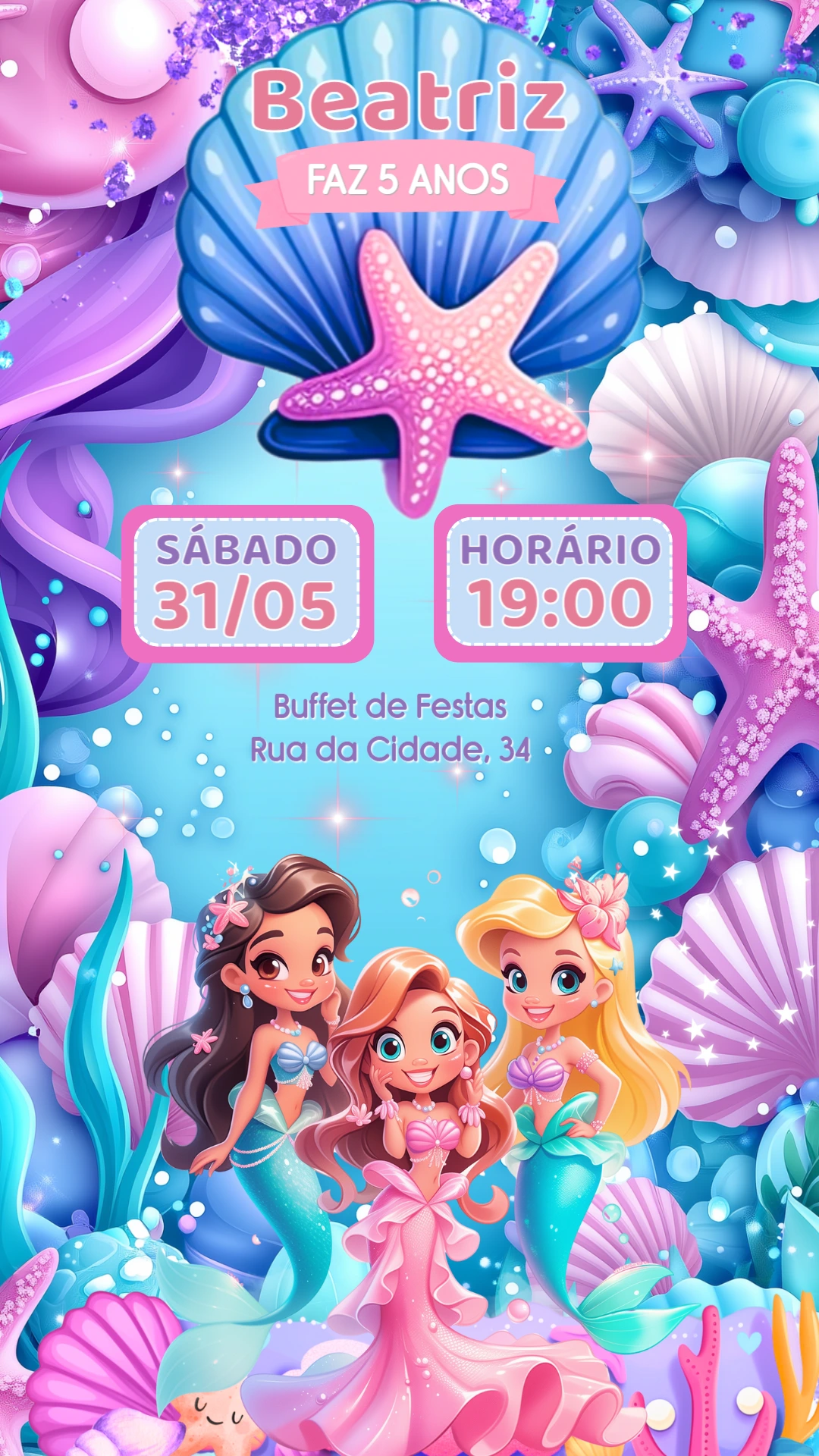 Convite de Aniversário Sereia Fundo do Mar para Editar Online