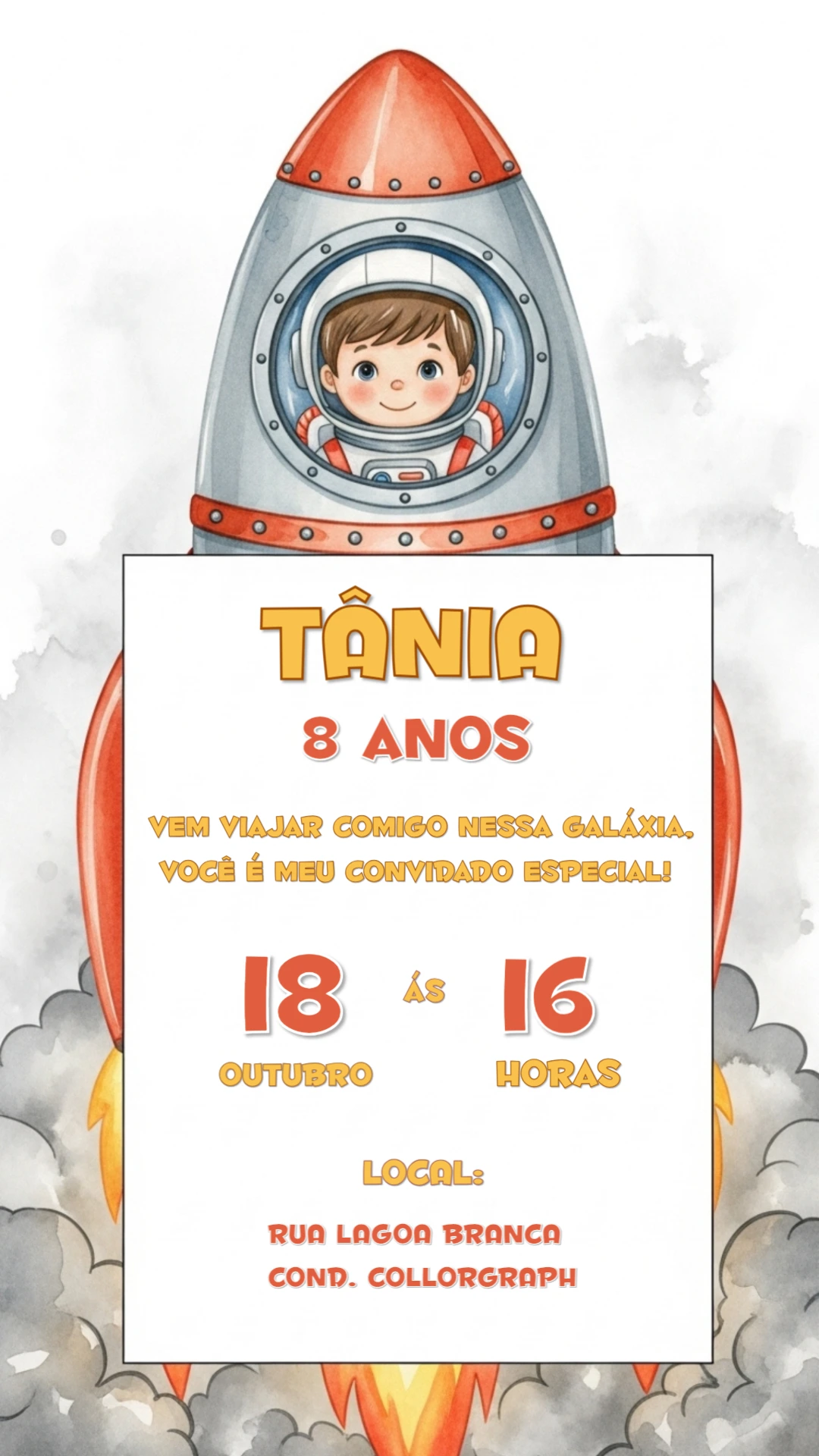 Convite de Aniversário Astronauta no Foguete para Editar Online