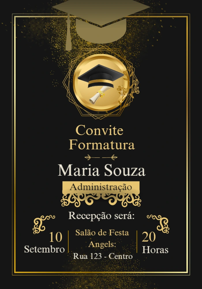 Convite de Formatura Dourado e Preto Elegante para Editar Online
