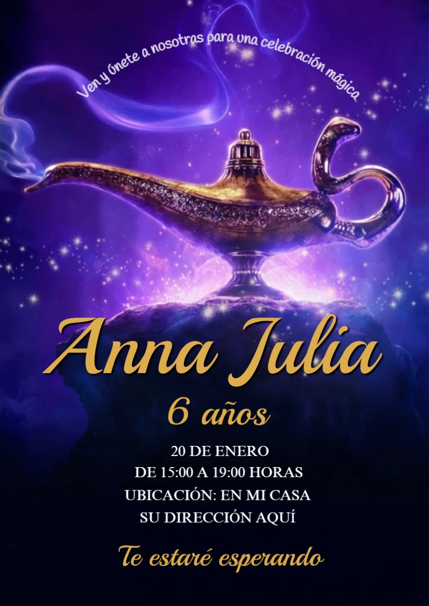 Invitación de Cumpleaños Aladdín Mágica para Editar