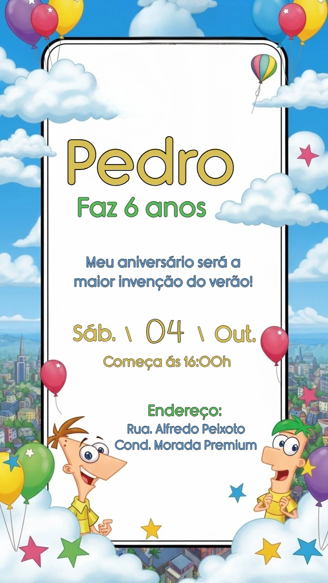 Convite de Aniversário Phineas e Ferb para Editar Online