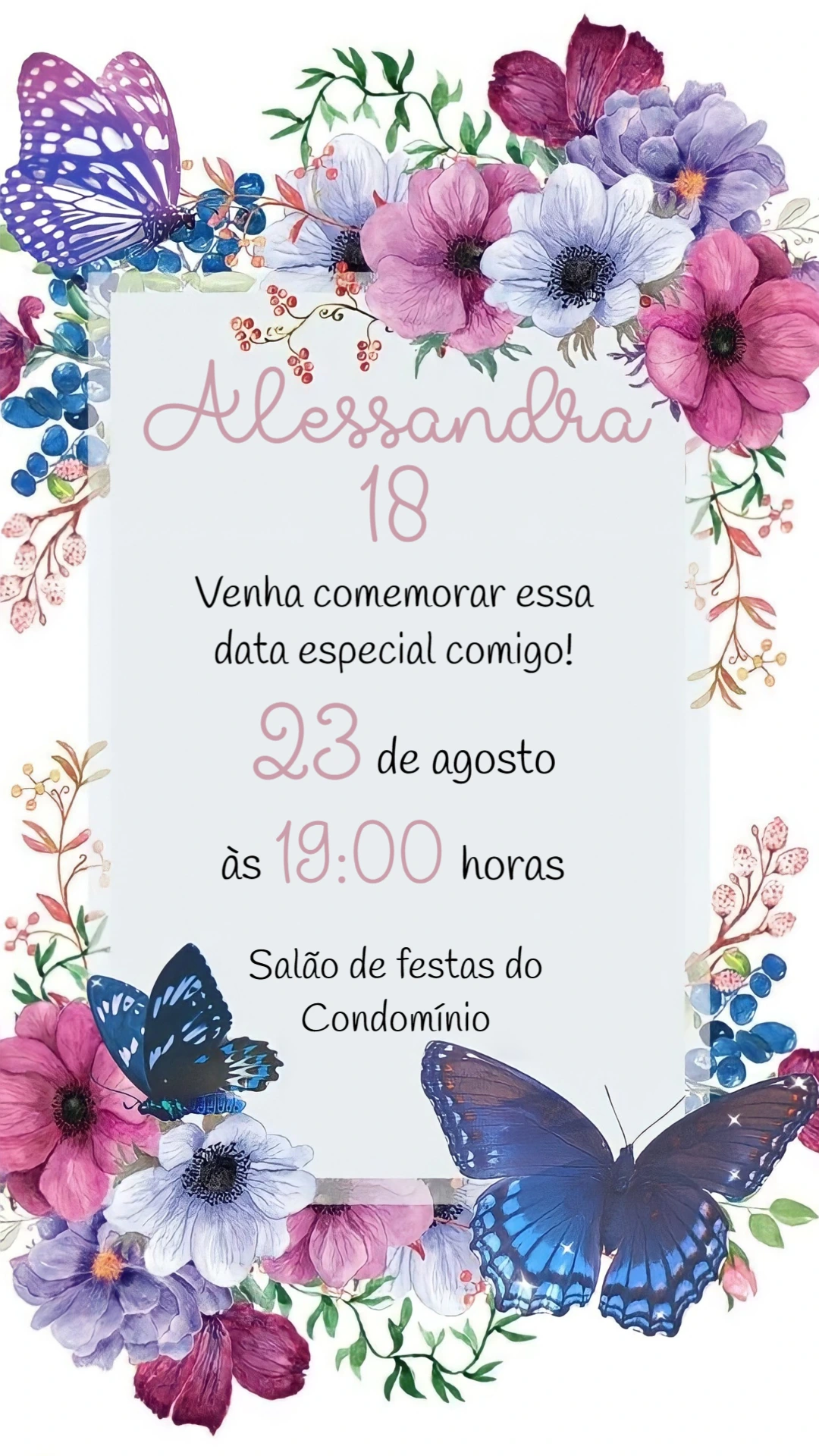 Convite de Aniversário Floral com Borboletas para Editar