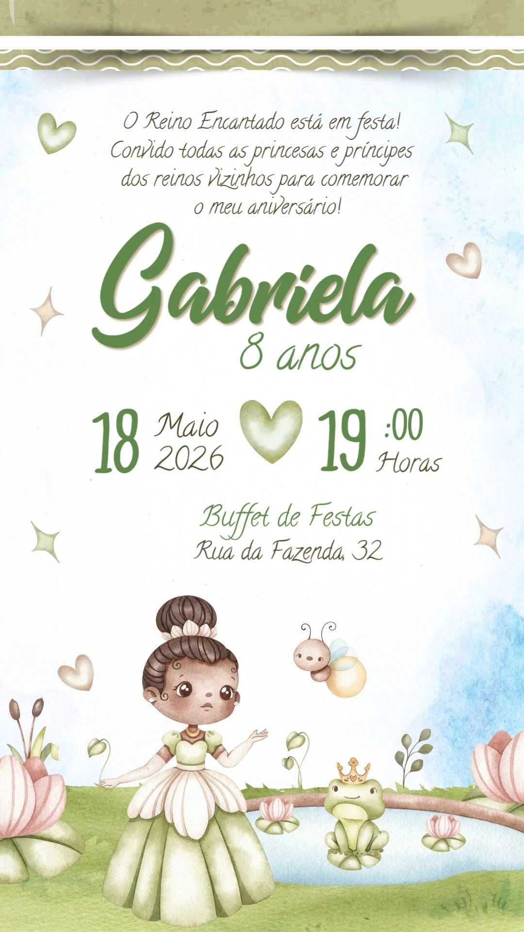 Convite Aniversário Princesa e o Sapo para Editar Online