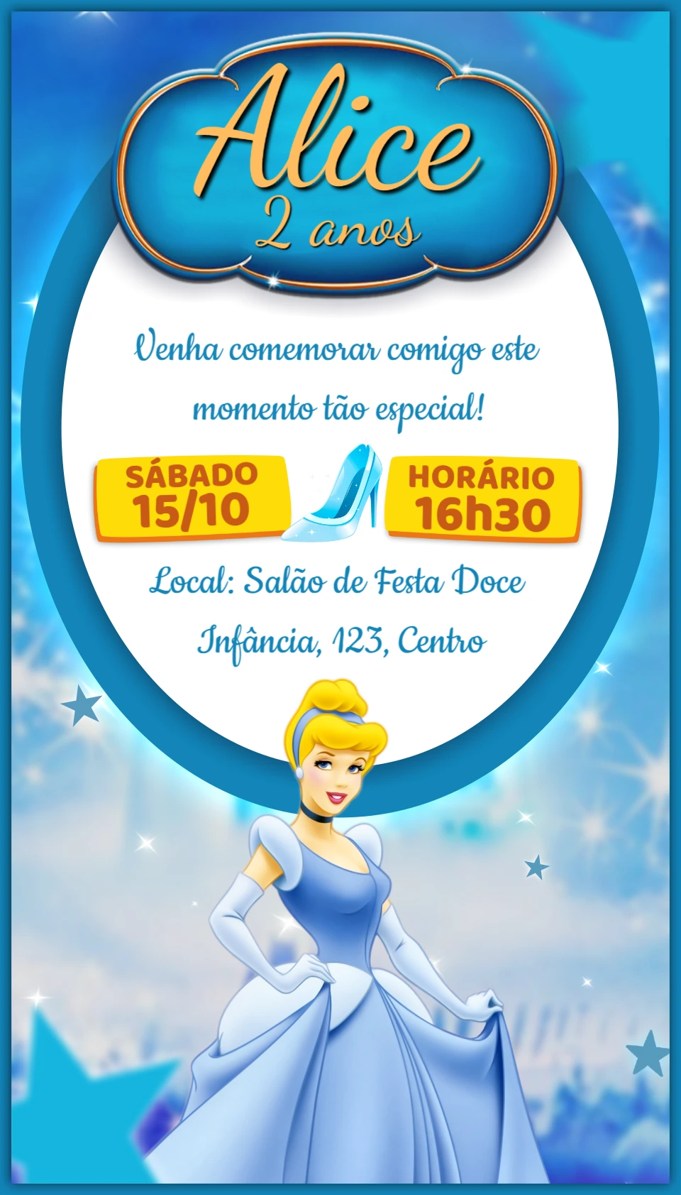 Convite de Aniversário Princesa Cinderela para Editar Online