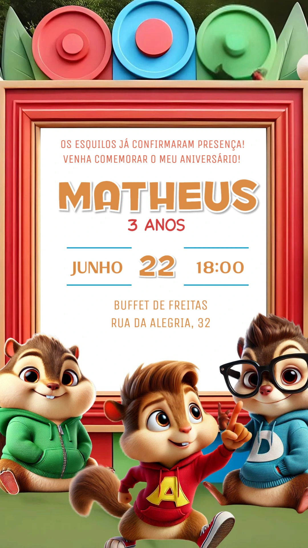 Convite de Aniversário Alvin e os Esquilos para Editar Online