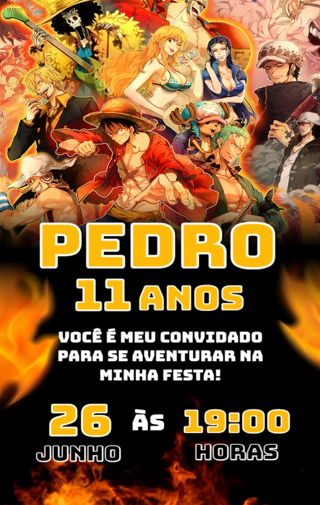 Convite de Aniversário One Piece com Personagens para Editar