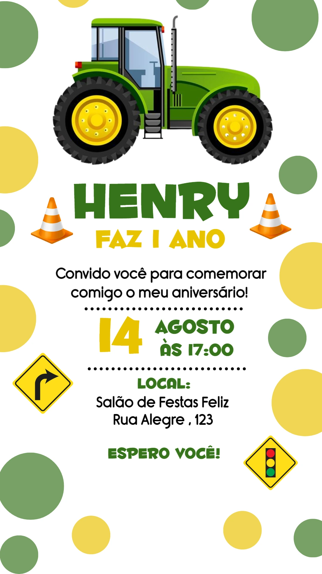 Convite de Aniversário Trator Verde para Editar Online