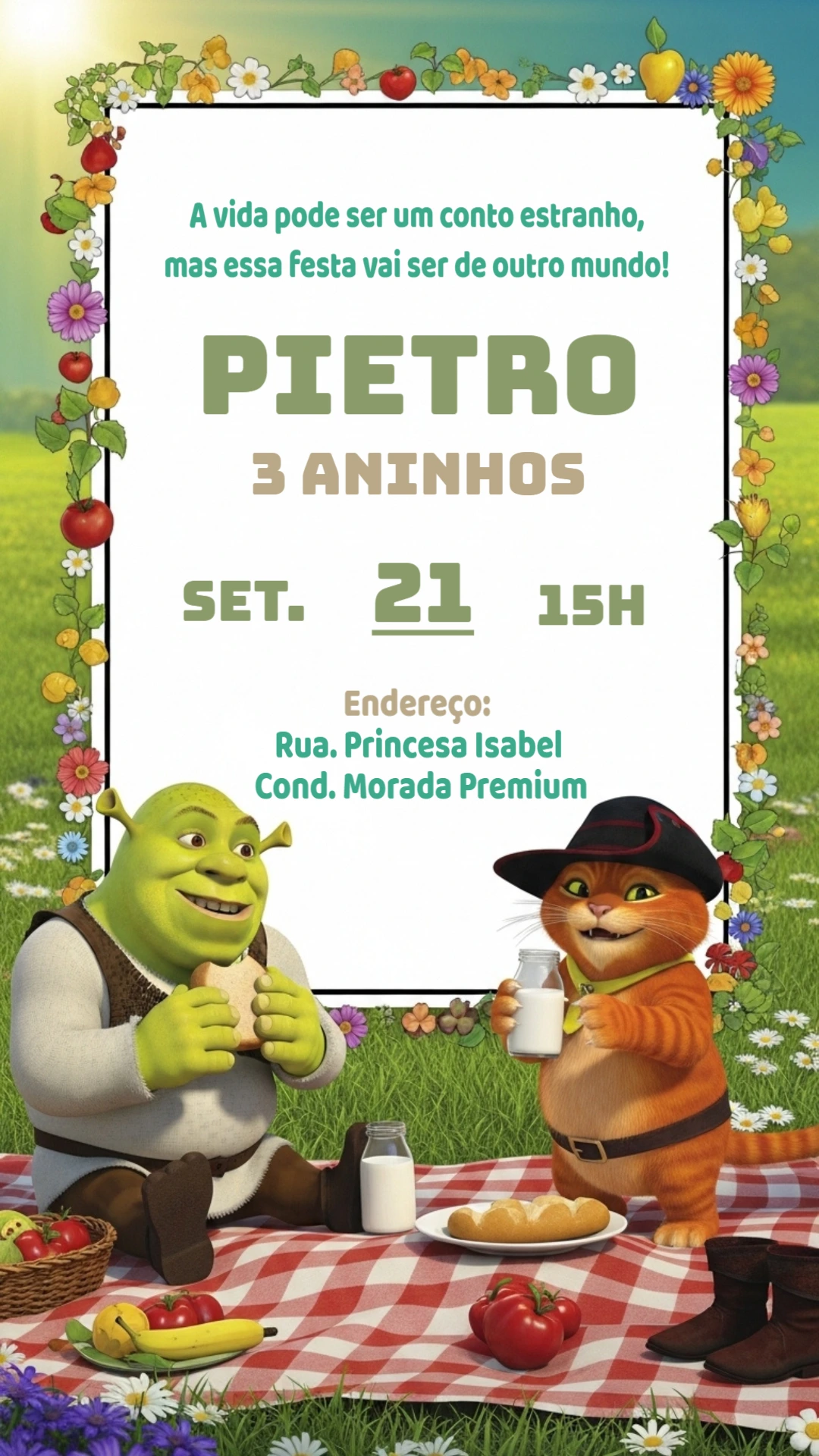 Convite de Aniversário Shrek e Gato de Botas para Editar Online