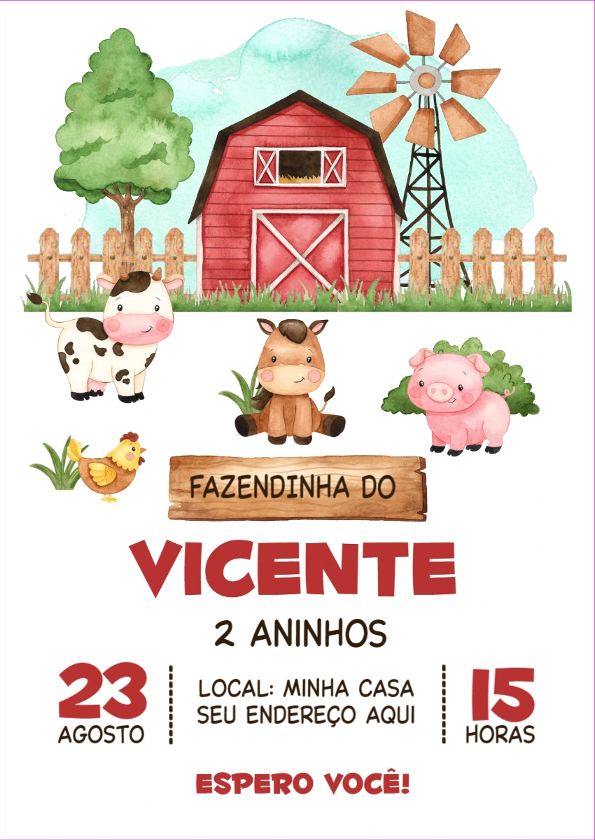 Convite Aniversário Fazendinha com Animais para Editar Online