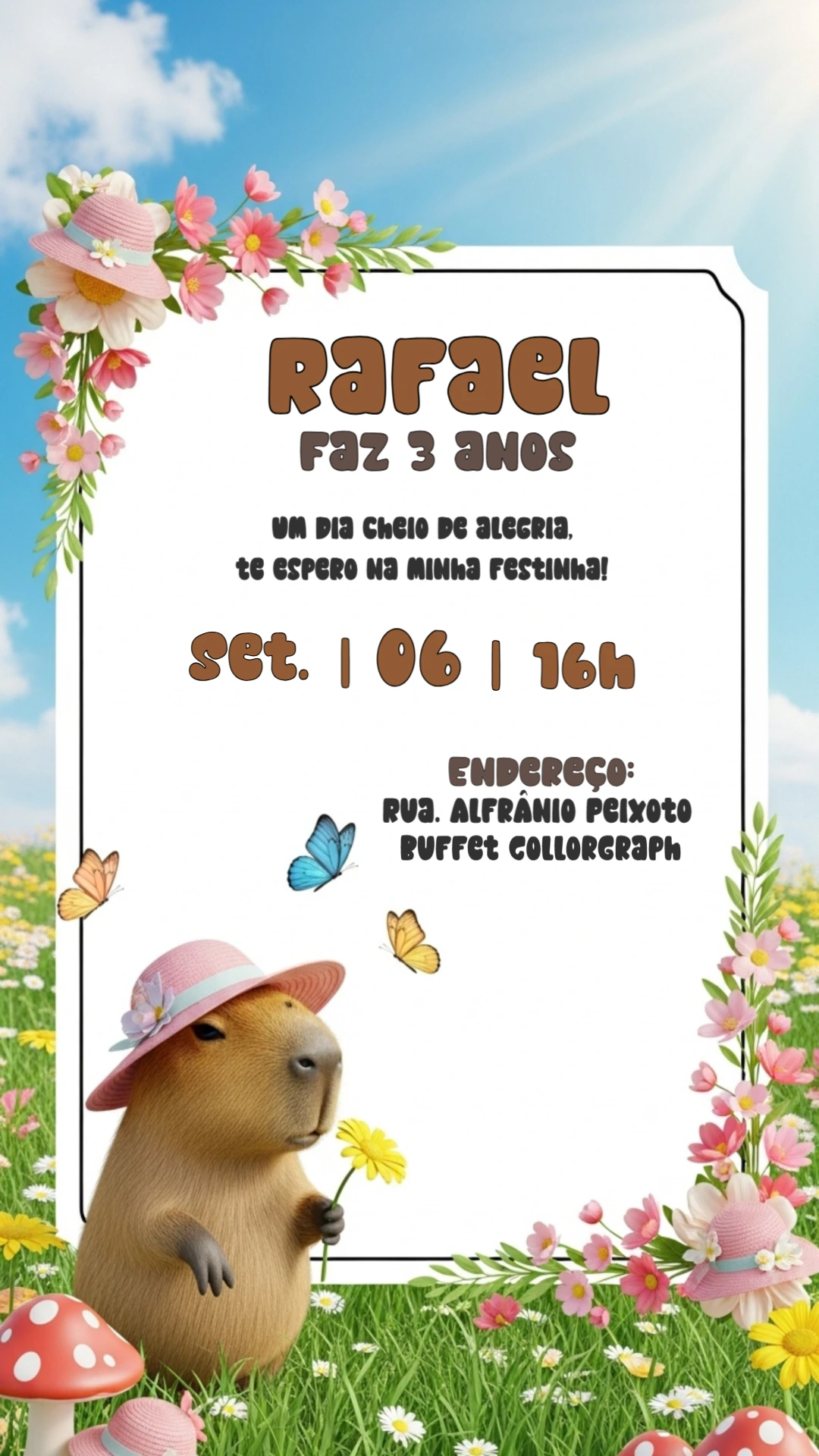 Convite de Aniversário Capivara Fofa para Editar Online