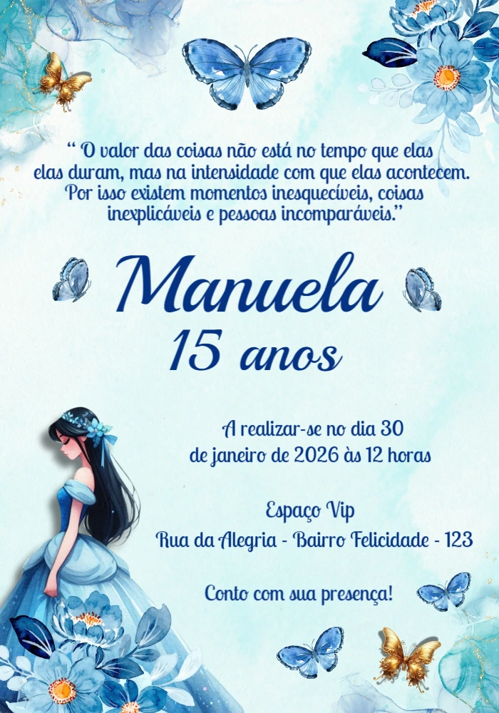 Convite de 15 anos Princesa Azul e Borboletas para editar online