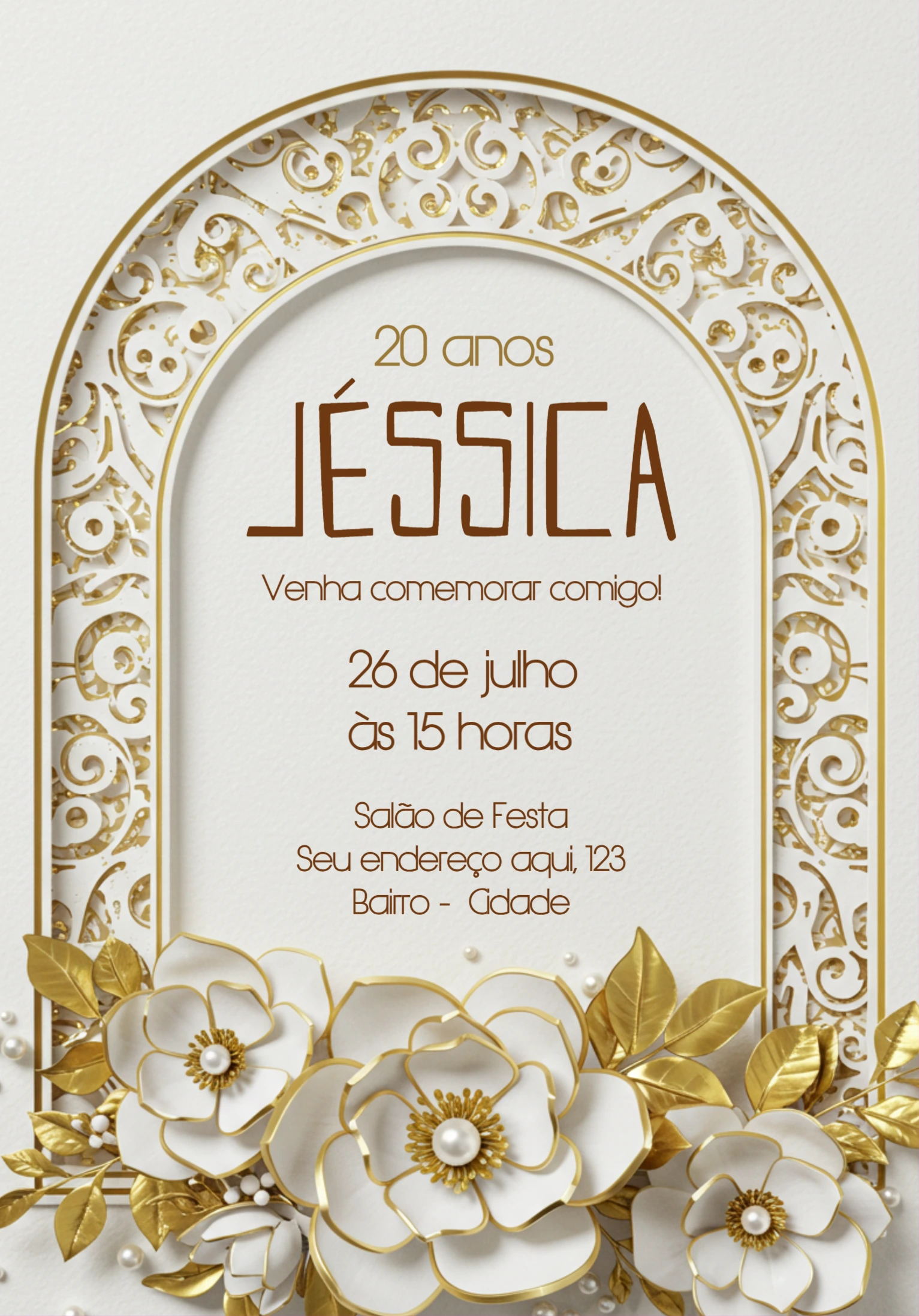 Convite de Aniversário Dourado e Branco Floral para Editar