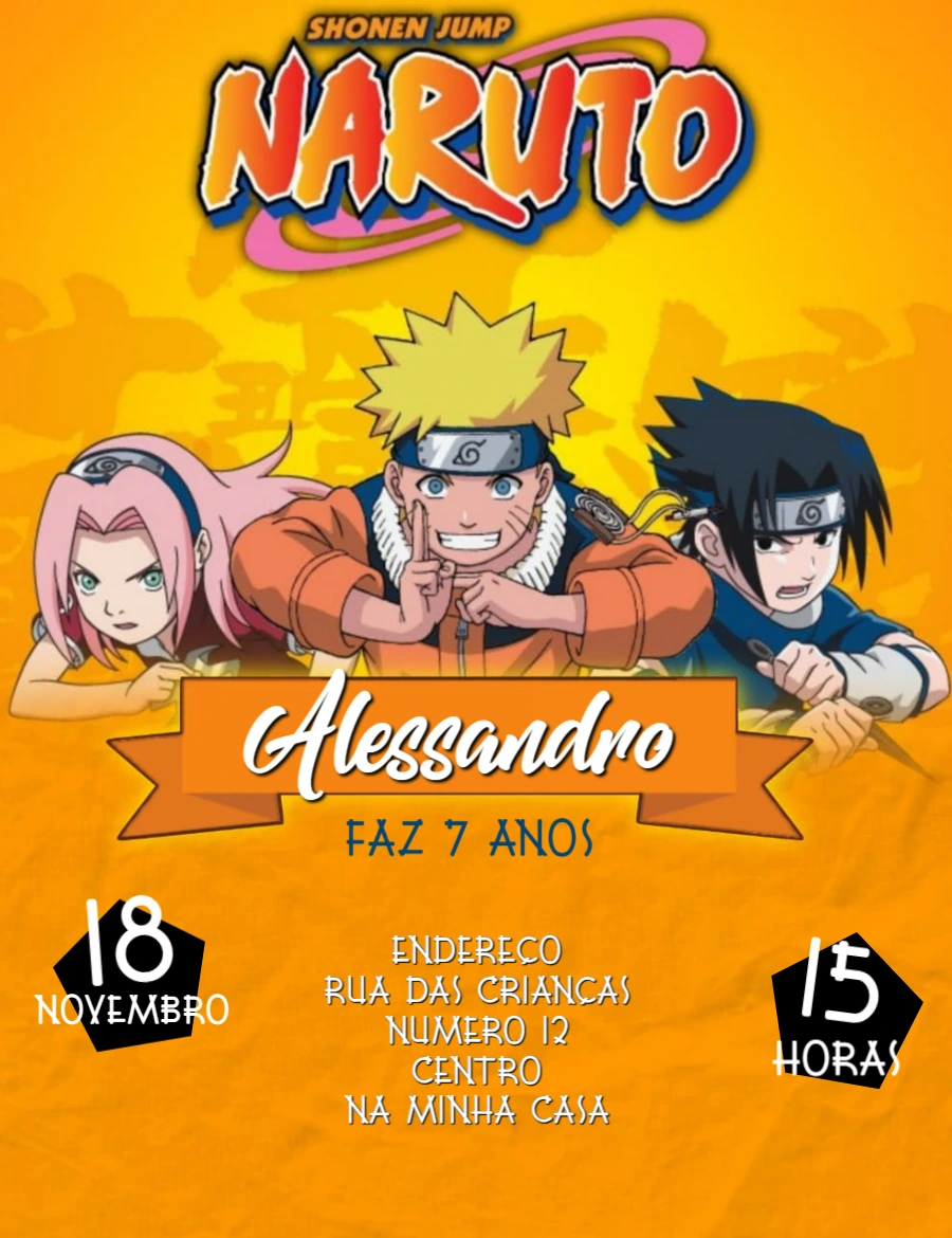 Convite Aniversário Naruto com Personagens para Editar Online