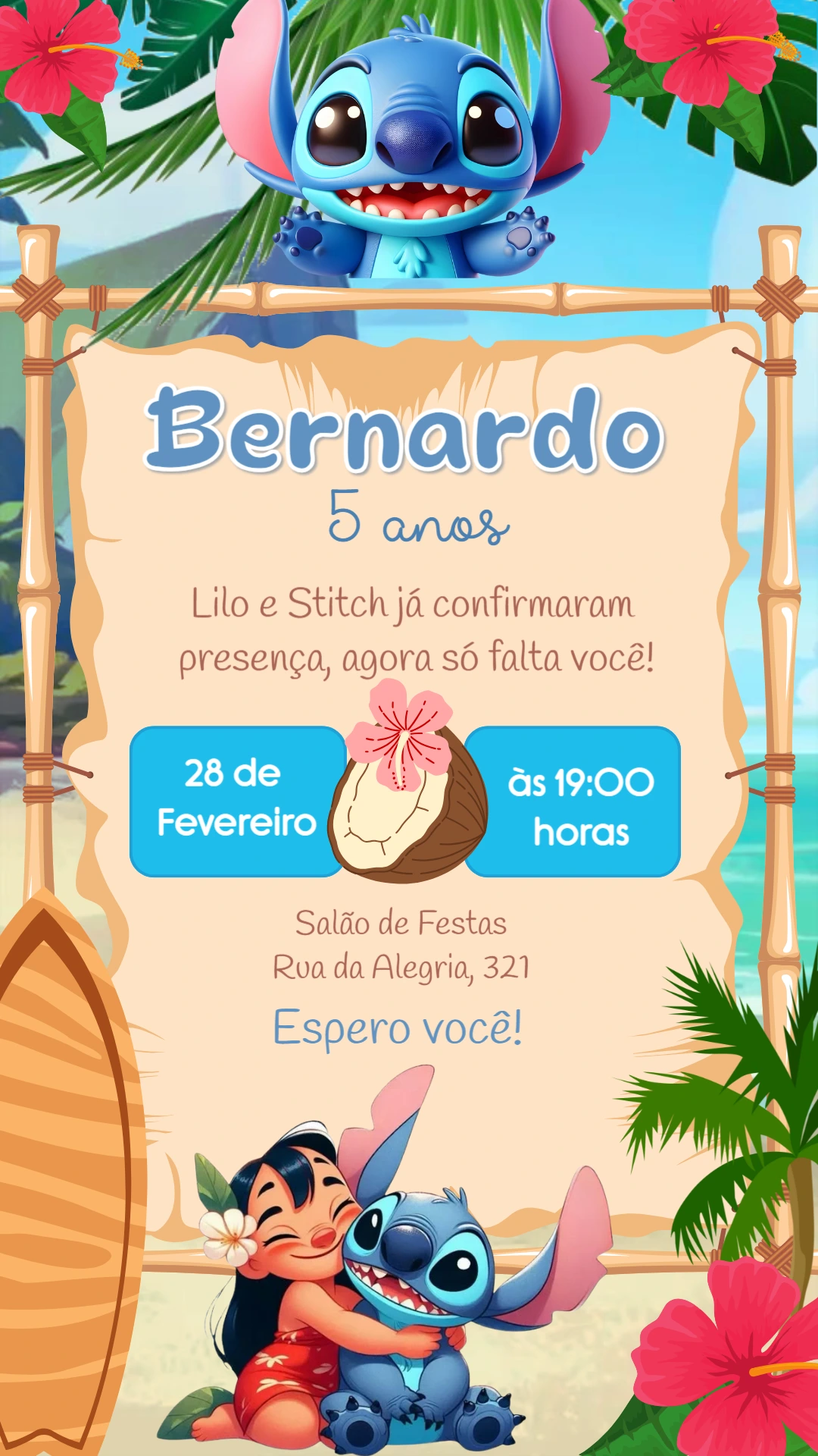 Convite de Aniversário Lilo e Stitch para Editar Online