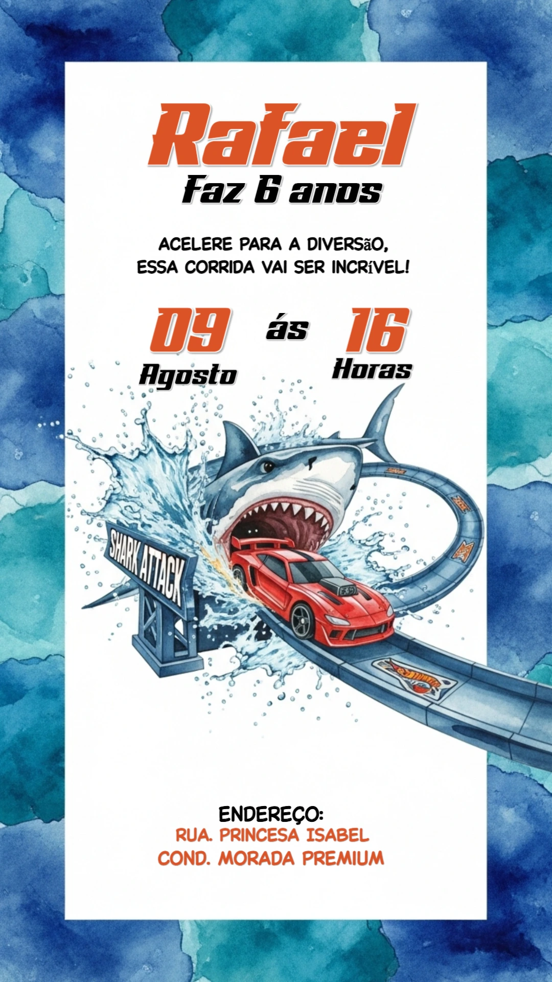 Convite de Aniversário Hotwheels Shark Attack para Editar Online