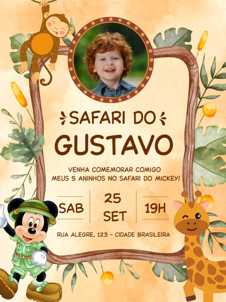 Convite Aniversário Mickey Safari com Foto para Editar Online
