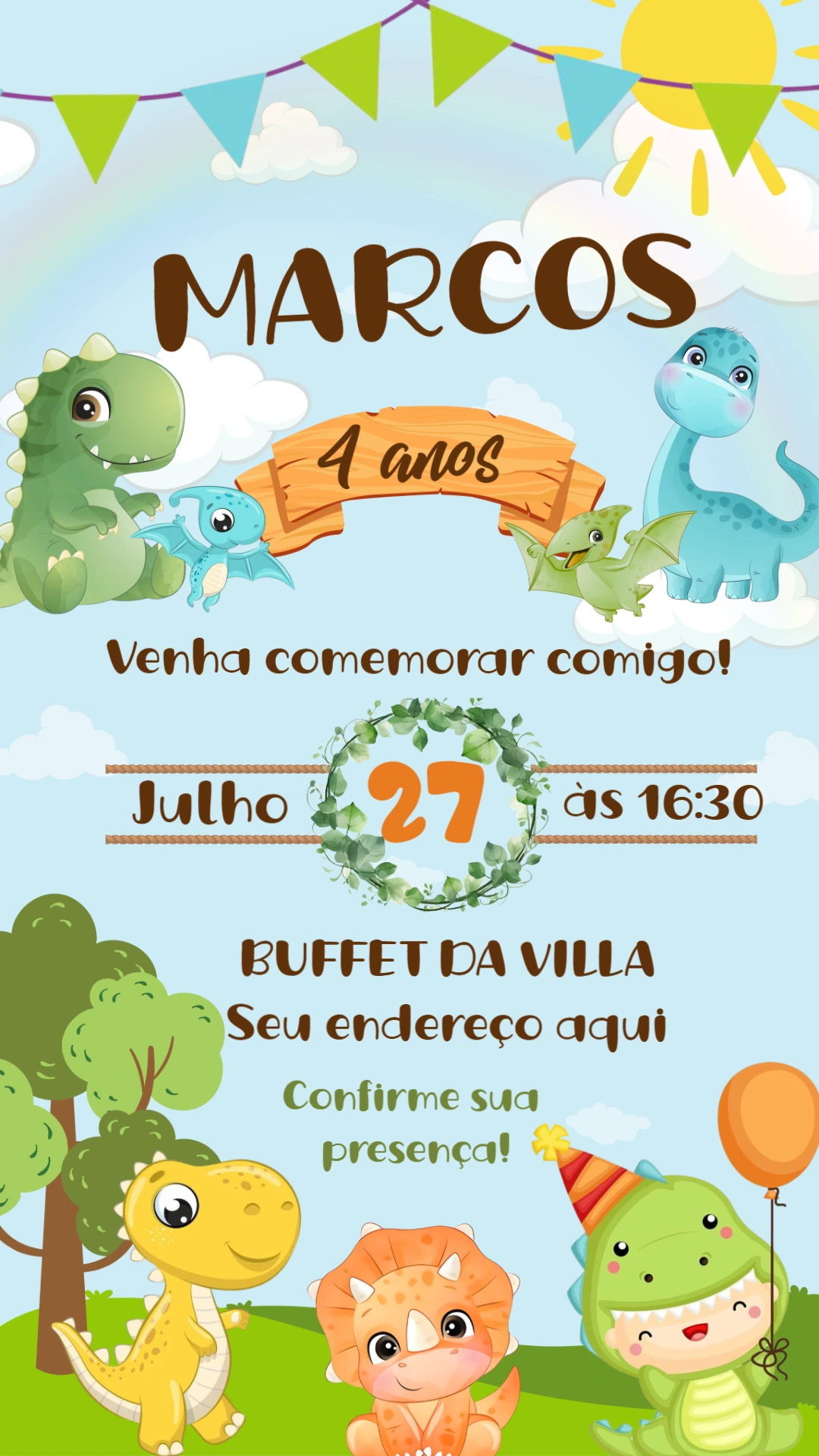 Convite de Aniversário Dinossauro Baby para Editar Online