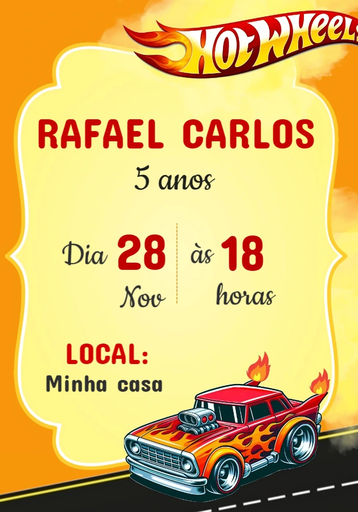 Convite de Aniversário Hot Wheels com Carros para Editar Online