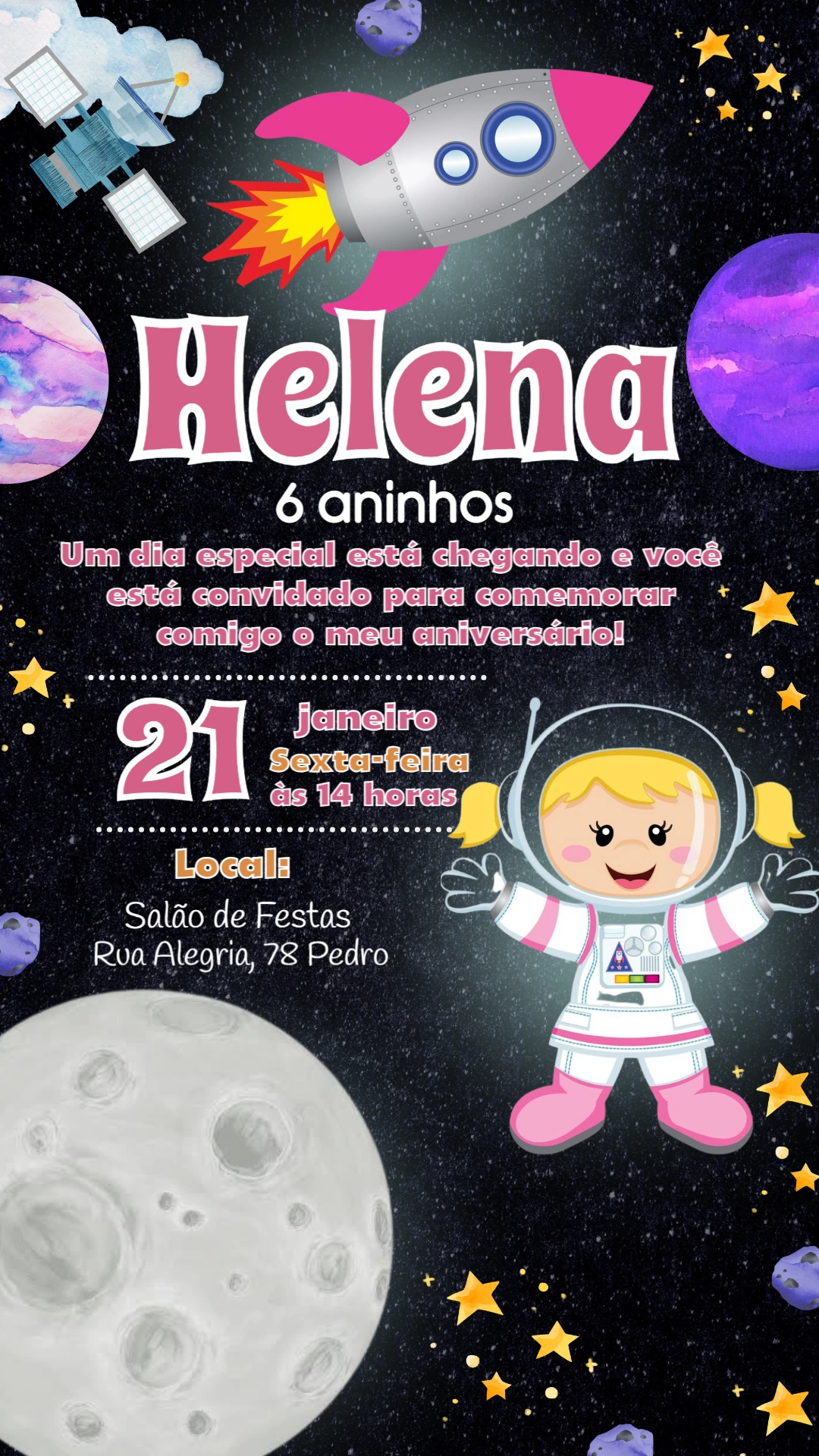 Convite Aniversário Astronauta Menina para Editar Online