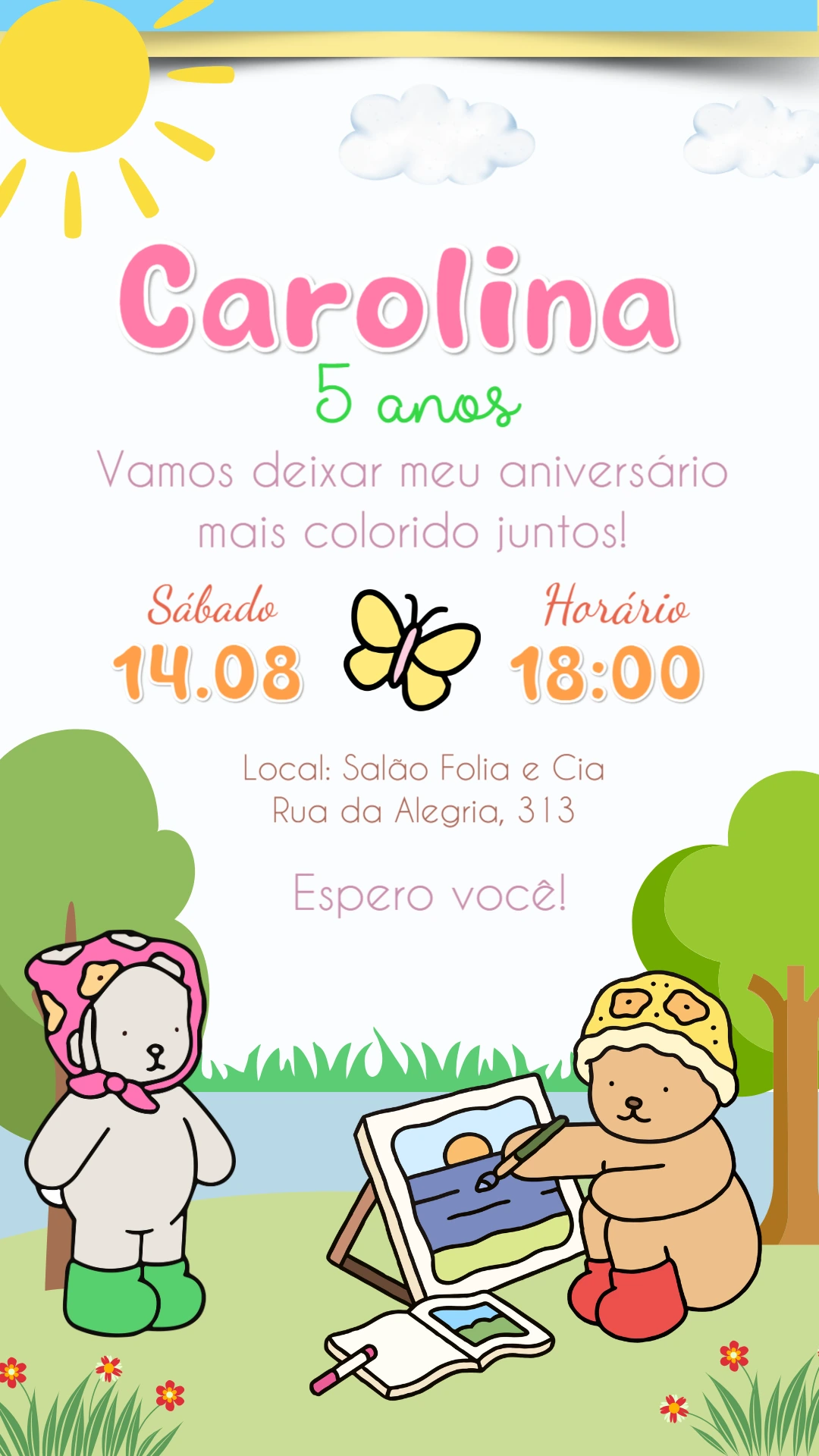 Convite Aniversário Ursinhos Pintando para Editar Online
