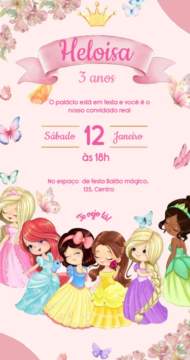 Convite de Aniversário Princesas Rosa para Editar Online