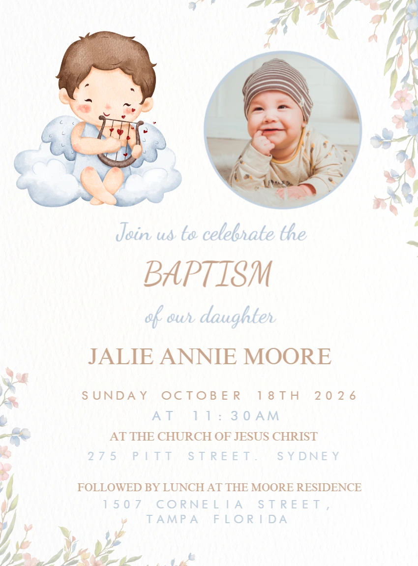Cute Angel Baptism Invitation With Photo | Editable
