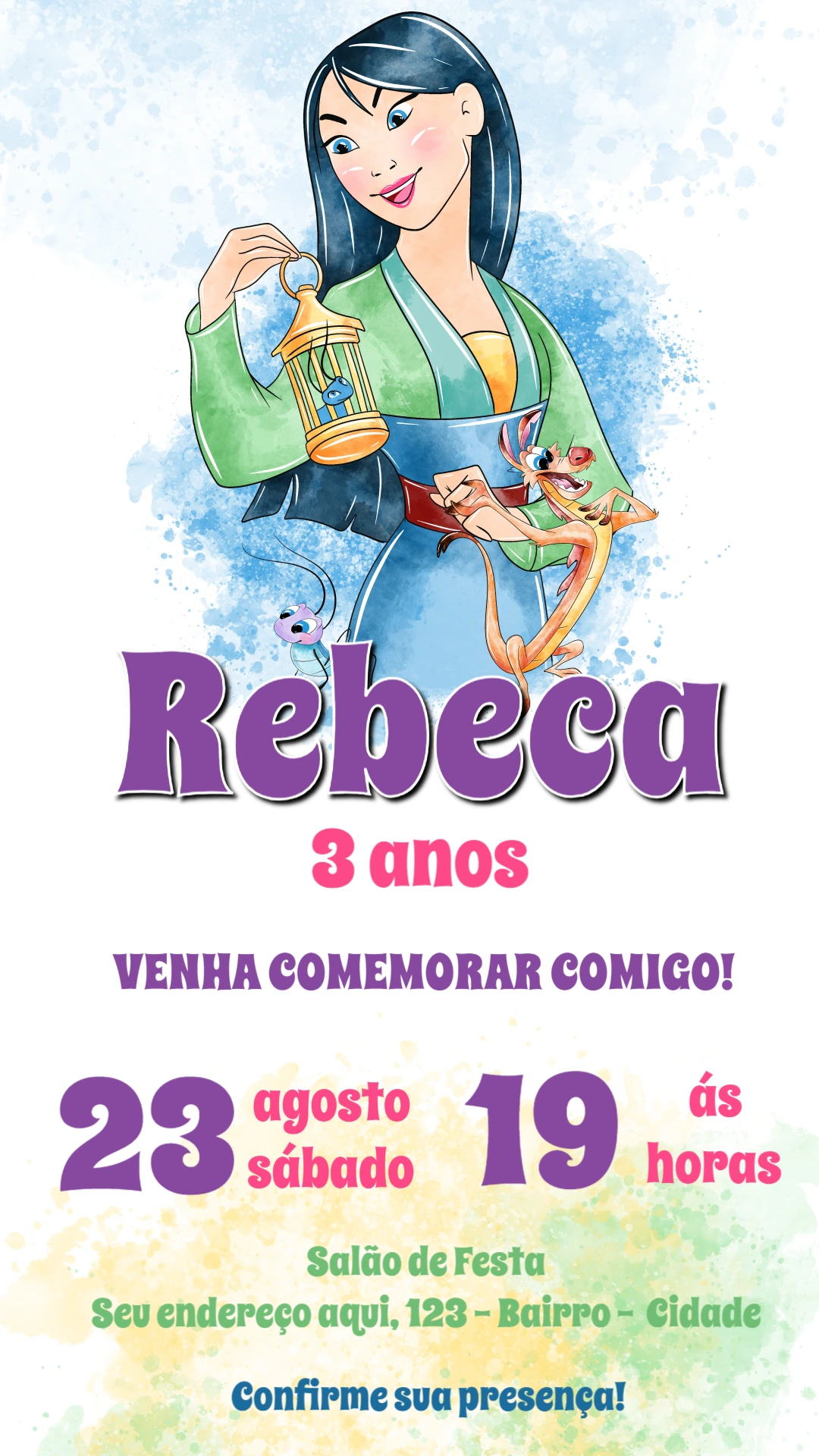 Convite de Aniversário Mulan para Editar Online